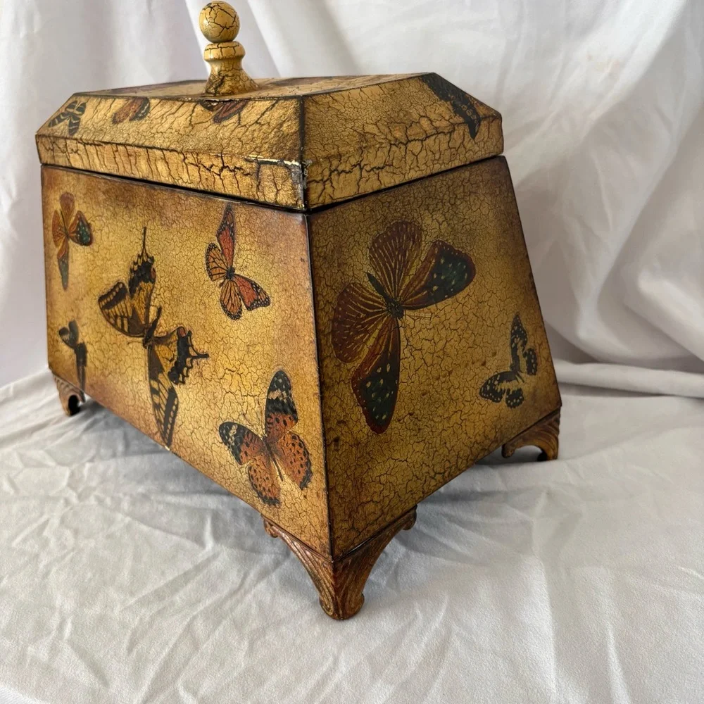 Vintage 90s butterfly metal tin storage box footed whimsygoth Y2K home decor